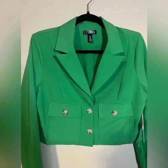 AQUA Women’s Cropped Linen Blend Blazer Flap  Pockets Button Front - NWT - Picture 2 of 10